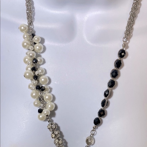 White House Black Market Silver Tone Cream and Black Asymmetrical Necklace - Picture 4 of 9